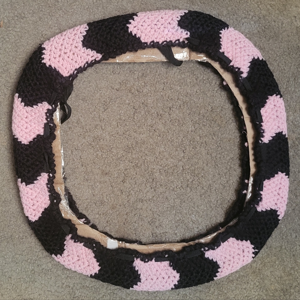 Hand Made Crochet Black & Pink SUV / Truck Steering Wheel Cover